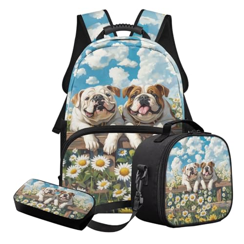 STUOARTE 3-teiliges Kinder-Schultaschen-Set mit Lunchbox und Federmäppchen, leichtes Schulrucksack-Set für Teenager und Jungen, Blau und Weiß – Britische Bulldogge Gänseblümchen, Schulranzen-Set von STUOARTE
