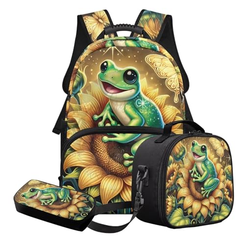 STUOARTE 3-teiliges Kinder-Schultaschen-Set mit Lunchbox und Federmäppchen, leichtes Schulrucksack-Set für Teenager und Jungen, Gelb und Grün – Frosch-Sonnenblume, Schulranzen-Set von STUOARTE