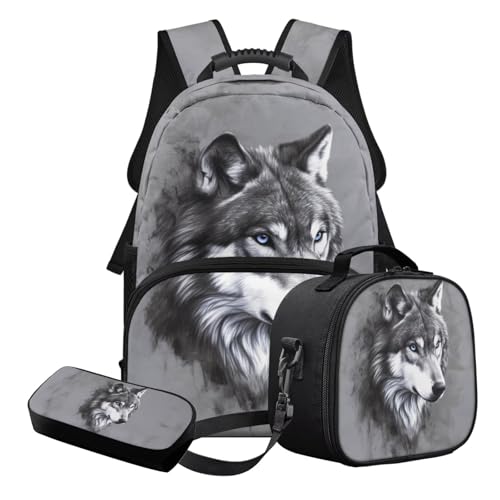 STUOARTE 3-teiliges Kinder-Schultaschen-Set mit Lunchbox und Federmäppchen, leichtes Schulrucksack-Set für Teenager und Jungen, Grau - Wolf, Schulranzen-Set von STUOARTE