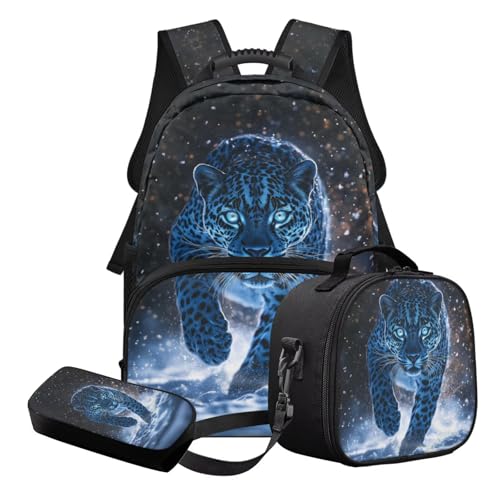 STUOARTE 3-teiliges Kinder-Schultaschen-Set mit Lunchbox und Federmäppchen, leichtes Schulrucksack-Set für Teenager und Jungen, Schwarz und Blau – Leopardenmuster, Schulranzen-Set von STUOARTE