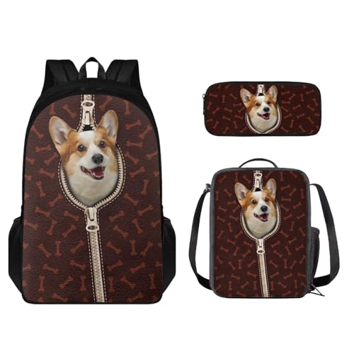 STUOARTE 3-teiliges Rucksack-Set, Kinder-Schultaschen-Set mit Lunchtasche, Federmäppchen, leichte Büchertasche für Jungen und Mädchen, Corgi Bone - Braun, Einheitsgröße, Kinderrucksack von STUOARTE