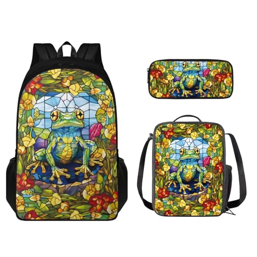 STUOARTE 3-teiliges Rucksack-Set, Kinder-Schultaschen-Set mit Lunchtasche, Federmäppchen, leichte Büchertasche für Jungen und Mädchen, Frosch - Mehrfarbig, Einheitsgröße, Schulranzen-Set von STUOARTE