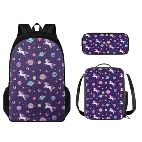 STUOARTE 3-teiliges Rucksack-Set, Kinder-Schultaschen-Set mit Lunchtasche, Federmäppchen, leichte Büchertasche für Jungen und Mädchen, Horse Planet Moon – Violett, Einheitsgröße, Kinderrucksack von STUOARTE