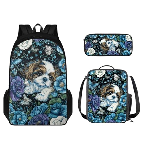 STUOARTE 3-teiliges Rucksack-Set, Kinder-Schultaschen-Set mit Lunchtasche, Federmäppchen, leichte Büchertasche für Jungen und Mädchen, Shih Tzu Blumen-Schmetterling, mehrfarbig, Einheitsgröße, von STUOARTE