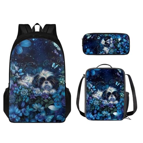 STUOARTE 3-teiliges Rucksack-Set, Kinder-Schultaschen-Set mit Lunchtasche, Federmäppchen, leichte Büchertasche für Jungen und Mädchen, Shih Tzu Blumenschmetterling, Blau, Einheitsgröße, Kinderrucksack von STUOARTE