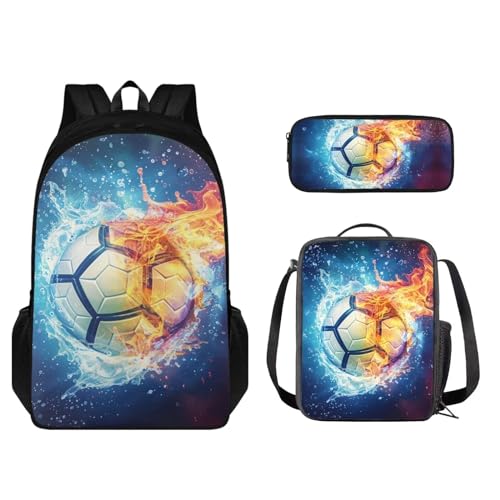 STUOARTE 3-teiliges Rucksack-Set, Kinder-Schultaschen-Set mit Lunchtasche, Federmäppchen, leichte Büchertasche für Jungen und Mädchen, Wasserfeuer-Fußball, Blau und Orange, Einheitsgröße, von STUOARTE