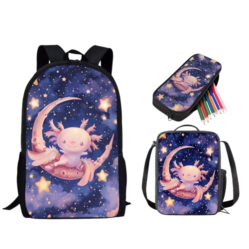 STUOARTE 3-teiliges Rucksack-Set, Vorschule, Grundschulranzen-Set mit Lunchbox und Federmäppchen, leichte Büchertasche für Kinder, Axolotl Moon - Lila und Rosa, Einheitsgröße, Reiserucksäcke von STUOARTE