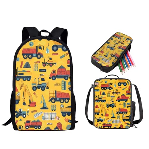 STUOARTE 3-teiliges Rucksack-Set, Vorschule, Grundschulranzen-Set mit Lunchbox und Federmäppchen, leichte Büchertasche für Kinder, LKW – Gelb und Rot, Einheitsgröße, Tagesrucksack von STUOARTE