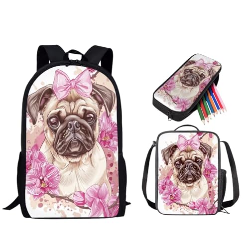 STUOARTE 3-teiliges Rucksack-Set, Vorschule, Grundschulranzen-Set mit Lunchbox und Federmäppchen, leichte Büchertasche für Kinder, Mopsblume, Braun und Rosa, Einheitsgröße, Reiserucksäcke von STUOARTE