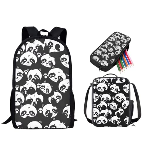 STUOARTE 3-teiliges Rucksack-Set, Vorschule, Grundschulranzen-Set mit Lunchbox und Federmäppchen, leichte Büchertasche für Kinder, Panda - Schwarz und Weiß, Einheitsgröße, Tagesrucksäcke von STUOARTE