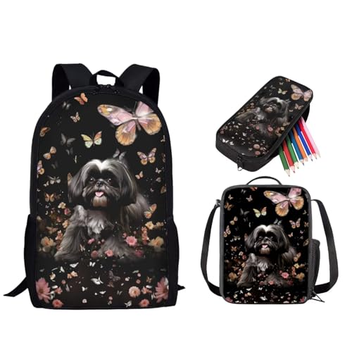 STUOARTE 3-teiliges Rucksack-Set, Vorschule, Grundschulranzen-Set mit Lunchbox und Federmäppchen, leichte Büchertasche für Kinder, Shih Tzu Schmetterling, Schwarz, Einheitsgröße, Rucksack, Rucksäcke von STUOARTE