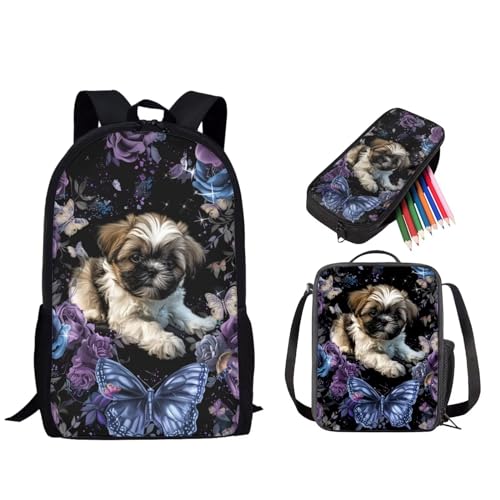 STUOARTE 3-teiliges Rucksack-Set, Vorschule, Grundschulranzen-Set mit Lunchbox und Federmäppchen, leichte Büchertasche für Kinder, Shih Tzu Schmetterling, Schwarz und Violett, Einheitsgröße, von STUOARTE