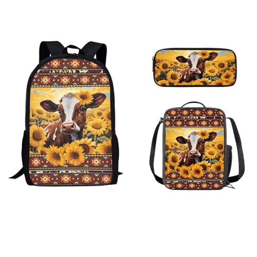 STUOARTE 3-teiliges Rucksack-Set für Jungen und Mädchen, Schulrucksack-Set mit Lunchbox, Federmäppchen, leichte Schultasche für Schüler, Aztekische Kuh-Sonnenblume – Braun und Gelb, Einheitsgröße, von STUOARTE