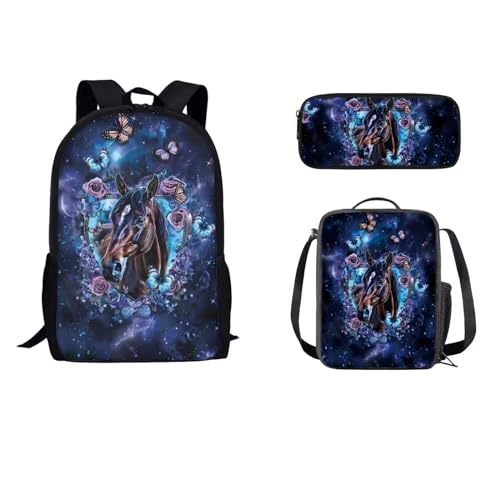 STUOARTE 3-teiliges Rucksack-Set für Jungen und Mädchen, Schulrucksack-Set mit Lunchbox, Federmäppchen, leichte Schultasche für Schüler, Galaxy Horse Butterfly – Blau, Einheitsgröße, Tagesrucksäcke von STUOARTE