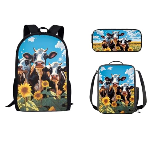 STUOARTE 3-teiliges Rucksack-Set für Jungen und Mädchen, Schulrucksack-Set mit Lunchbox, Federmäppchen, leichte Schultasche für Schüler, Kuh-Sonnenblume, Blau und Schwarz, Einheitsgröße, von STUOARTE