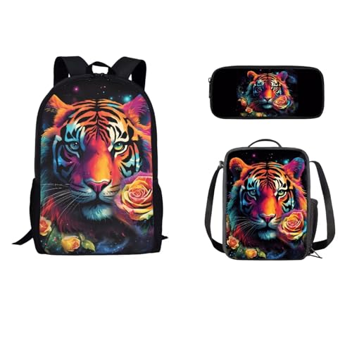 STUOARTE 3-teiliges Rucksack-Set für Jungen und Mädchen, Schulrucksack-Set mit Lunchbox, Federmäppchen, leichte Schultasche für Schüler, Tiger Rose, mehrfarbig, Einheitsgröße, Tagesrucksäcke von STUOARTE