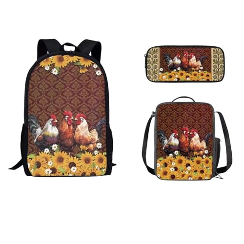 STUOARTE 3-teiliges Rucksack für Jungen und Mädchen, Schulrucksack-Set mit Lunchtasche, Federmäppchen, 43,2 cm Büchertasche für Schüler, Hahn Sonnenblume Gänseblümchen - Rot und Gelb, Einheitsgröße, von STUOARTE