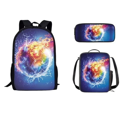 STUOARTE 3-teiliges Rucksack für Jungen und Mädchen, Schulrucksack-Set mit Lunchtasche, Federmäppchen, 43,2 cm Büchertasche für Schüler, Wasserfeuer-Fußball, Blau und Orange, Einheitsgröße, von STUOARTE