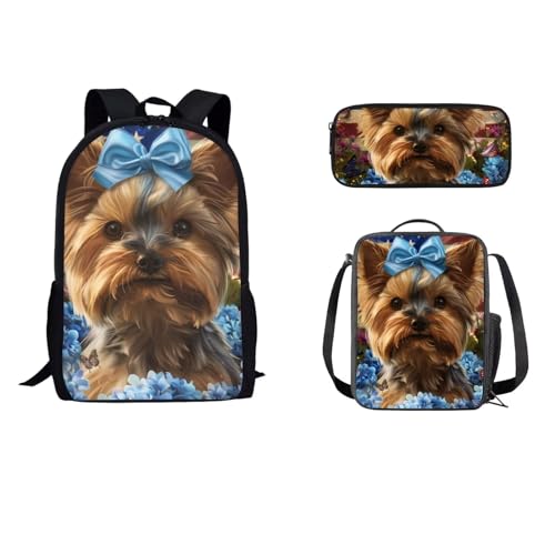 STUOARTE 3-teiliges Rucksack für Jungen und Mädchen, Schulrucksack-Set mit Lunchtasche, Federmäppchen, 43,2 cm Büchertasche für Schüler, Yorkshire Terrier Blume, Braun und Blau, Einheitsgröße, von STUOARTE