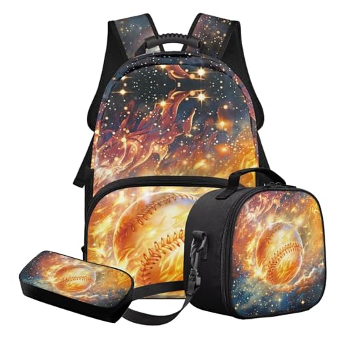STUOARTE 3-teiliges Schulranzen-Set für Kinder, leichte Schultasche und Lunchbox-Set mit Federmäppchen, Geschenk zum Schulanfang, Gelb und Schwarz – Feuer-Baseball, Schulranzen-Set von STUOARTE