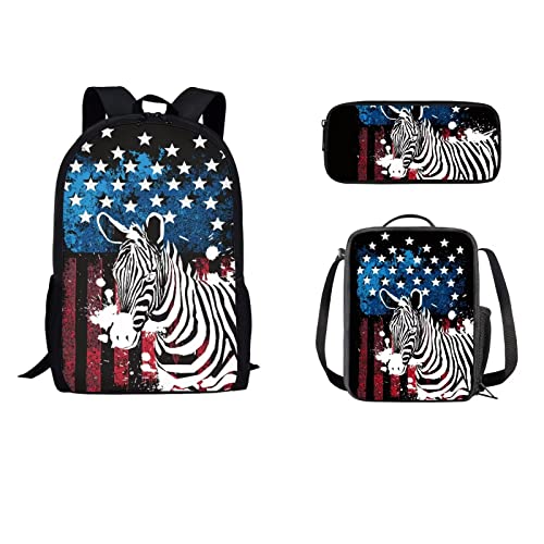 STUOARTE 3-teiliges Schulranzen-Set mit amerikanischer Flagge, 3D-Zebramuster, für Kinder, Jungen, Mädchen, leichte Büchertasche mit wärmeisolierter Lunch-Tasche, Geldbörse, Federmäppchen von STUOARTE