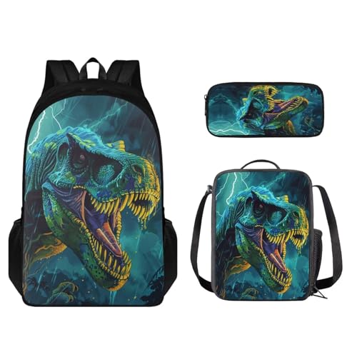 STUOARTE 3-teiliges Schulrucksack-Set mit Lunchtasche und Federmäppchen, niedlicher Schüler-Büchertasche, für Jungen und Mädchen, leichter Rucksack, 3D-Dinosaurier, Grün, Einheitsgröße, Kinderrucksack von STUOARTE