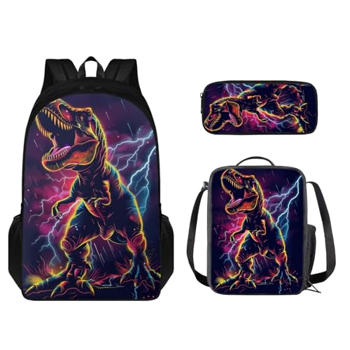 STUOARTE 3-teiliges Schulrucksack-Set mit Lunchtasche und Federmäppchen, niedlicher Schüler-Büchertasche, für Jungen und Mädchen, leichter Rucksack, 3D-Dinosaurier, mehrfarbig, Einheitsgröße, von STUOARTE