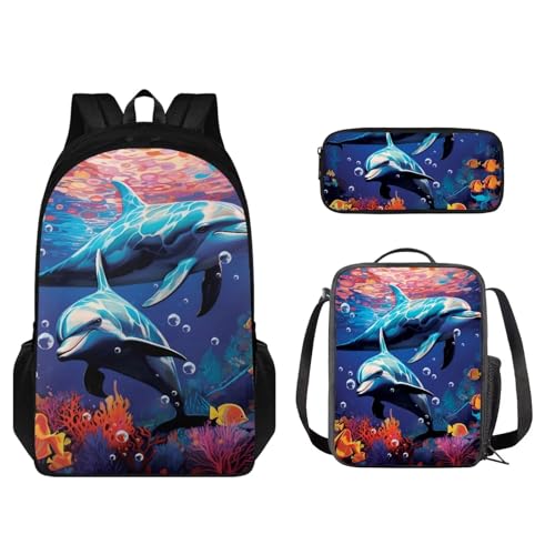 STUOARTE 3-teiliges Schulrucksack-Set mit Lunchtasche und Federmäppchen, niedlicher Schüler-Büchertasche, für Jungen und Mädchen, leichter Rucksack, Delfin, Blau, Einheitsgröße, Kinderrucksack von STUOARTE