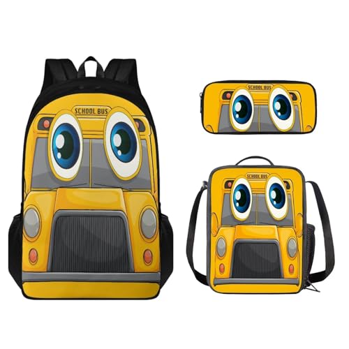 STUOARTE 3-teiliges Schulrucksack-Set mit Lunchtasche und Federmäppchen, niedlicher Schüler-Büchertasche, für Jungen und Mädchen, leichter Rucksack, Schulbus, Gelb, Einheitsgröße, Kinderrucksack von STUOARTE