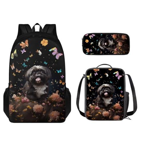 STUOARTE 3-teiliges Schulrucksack-Set mit Lunchtasche und Federmäppchen, niedlicher Schüler-Büchertasche, für Jungen und Mädchen, leichter Rucksack, Shih Tzu Hund Blume Schmetterling – Mehrfarbig, von STUOARTE