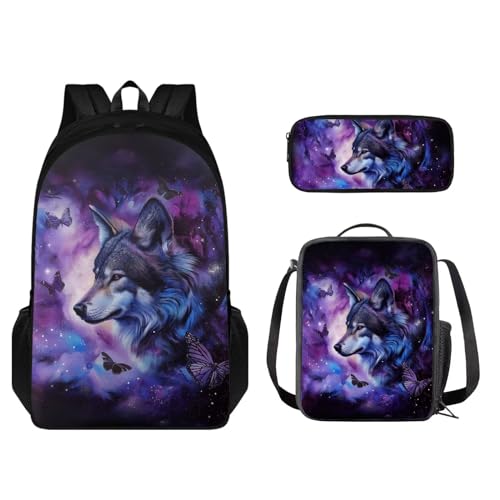 STUOARTE 3-teiliges Schulrucksack-Set mit Lunchtasche und Federmäppchen, niedlicher Schüler-Büchertasche, für Jungen und Mädchen, leichter Rucksack, Wolf Butterfly - Schwarz und Lila, Einheitsgröße, von STUOARTE