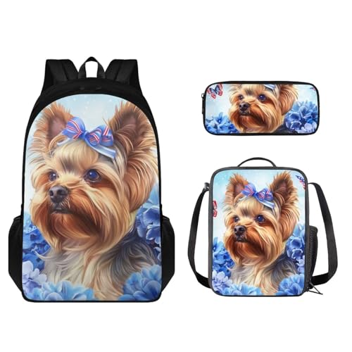 STUOARTE 3-teiliges Schulrucksack-Set mit Lunchtasche und Federmäppchen, niedlicher Schüler-Büchertasche, für Jungen und Mädchen, leichter Rucksack, Yorkshire Terrier Blume, Braun und Blau, von STUOARTE