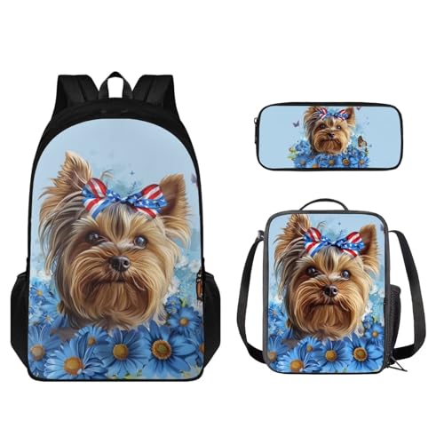 STUOARTE 3-teiliges Schulrucksack-Set mit Lunchtasche und Federmäppchen, niedlicher Schüler-Büchertasche, für Jungen und Mädchen, leichter Rucksack, Yorkshire Terrier Gänseblümchen, Blau und Braun, von STUOARTE