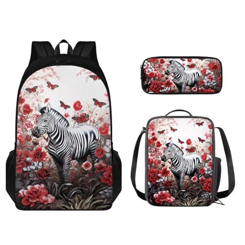 STUOARTE 3-teiliges Schulrucksack-Set mit Lunchtasche und Federmäppchen, niedlicher Schüler-Büchertasche, für Jungen und Mädchen, leichter Rucksack, Zebra Flower Butterfly - Weiß und Rot, von STUOARTE