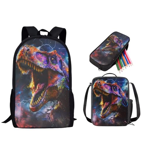 STUOARTE 3-teiliges Schultaschen-Set, 43,2 cm Rucksack, 3-in-1-Set für Kinder und Teenager, mit Lunchtasche, Federmäppchen, 3D-Dinosaurier, mehrfarbig, Einheitsgröße, Reiserucksäcke von STUOARTE