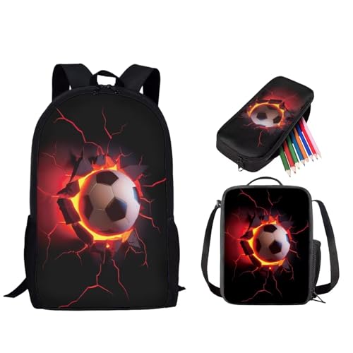 STUOARTE 3-teiliges Schultaschen-Set, 43,2 cm Rucksack, 3-in-1-Set für Kinder und Teenager, mit Lunchtasche, Federmäppchen, 3D-Fußball, Schwarz und Orange, Einheitsgröße, Rucksack, Rucksäcke von STUOARTE