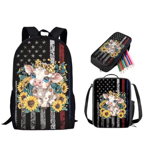 STUOARTE 3-teiliges Schultaschen-Set, 43,2 cm Rucksack, 3-in-1-Set für Kinder und Teenager, mit Lunchtasche, Federmäppchen, Amerikanische Flagge mit Rinder-Sonnenblumen, Schwarz und Gelb, von STUOARTE