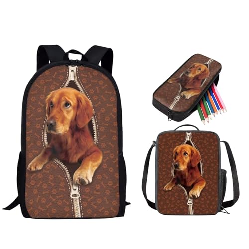 STUOARTE 3-teiliges Schultaschen-Set, 43,2 cm Rucksack, 3-in-1-Set für Kinder und Teenager, mit Lunchtasche, Federmäppchen, Dackelpfote, Braun, Einheitsgröße, Tagesrucksäcke von STUOARTE