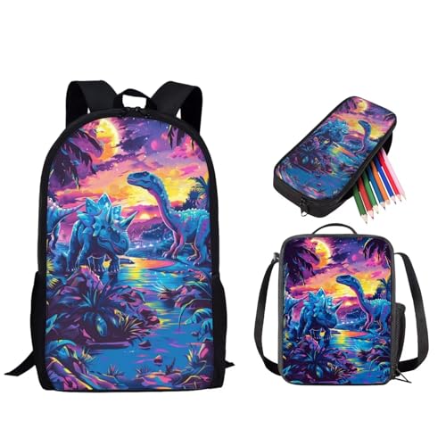 STUOARTE 3-teiliges Schultaschen-Set, 43,2 cm Rucksack, 3-in-1-Set für Kinder und Teenager, mit Lunchtasche, Federmäppchen, Dinosaurier-Sonnenuntergang, Violett, Einheitsgröße, Tagesrucksäcke von STUOARTE