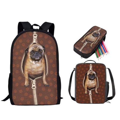 STUOARTE 3-teiliges Schultaschen-Set, 43,2 cm Rucksack, 3-in-1-Set für Kinder und Teenager, mit Lunchtasche, Federmäppchen, Mops-Pfote, Braun, Einheitsgröße, Rucksack, Rucksäcke von STUOARTE