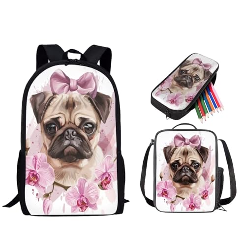 STUOARTE 3-teiliges Schultaschen-Set, 43,2 cm Rucksack, 3-in-1-Set für Kinder und Teenager, mit Lunchtasche, Federmäppchen, Mopsblume, Rosa und Braun, Einheitsgröße, Rucksack, Rucksäcke von STUOARTE