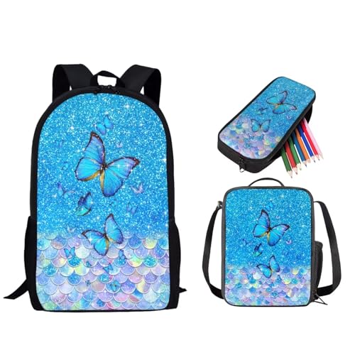 STUOARTE 3-teiliges Schultaschen-Set, 43,2 cm Rucksack, 3-in-1-Set für Kinder und Teenager, mit Lunchtasche, Federmäppchen, Schmetterlings-Schuppe, Blau, Einheitsgröße, Reiserucksäcke von STUOARTE