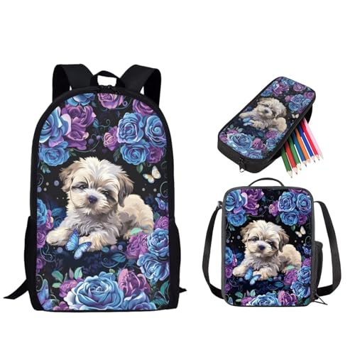 STUOARTE 3-teiliges Schultaschen-Set, 43,2 cm Rucksack, 3-in-1-Set für Kinder und Teenager, mit Lunchtasche, Federmäppchen, Shih Tzu Blume, Blau und Schwarz, Einheitsgröße, Tagesrucksäcke von STUOARTE