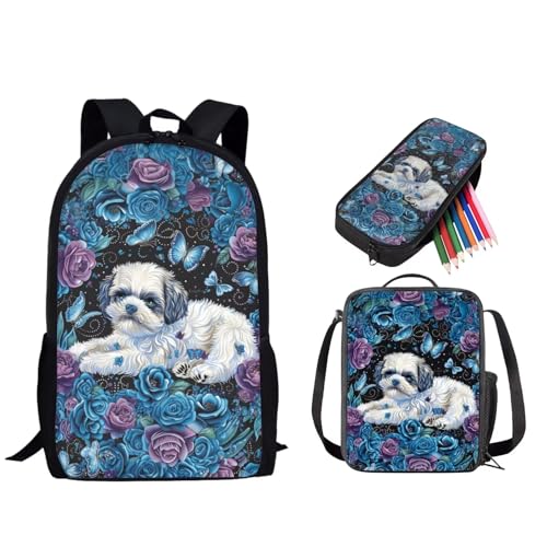 STUOARTE 3-teiliges Schultaschen-Set, 43,2 cm Rucksack, 3-in-1-Set für Kinder und Teenager, mit Lunchtasche, Federmäppchen, Shih Tzu Blumenschmetterling, Blau, Einheitsgröße, Tagesrucksäcke von STUOARTE