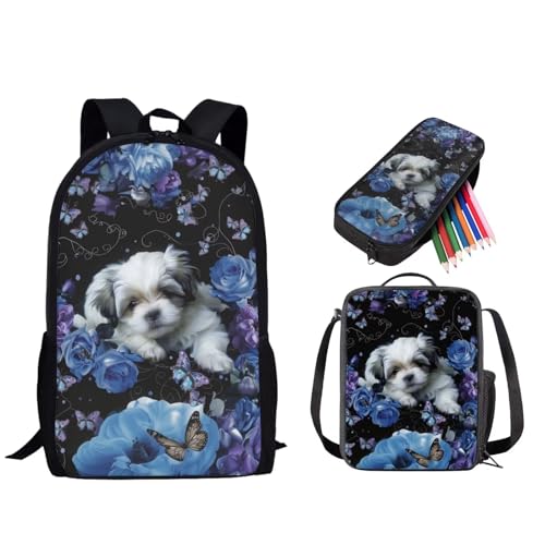 STUOARTE 3-teiliges Schultaschen-Set, 43,2 cm Rucksack, 3-in-1-Set für Kinder und Teenager, mit Lunchtasche, Federmäppchen, Shih Tzu Blumenschmetterling, Schwarz und Blau, Einheitsgröße, von STUOARTE