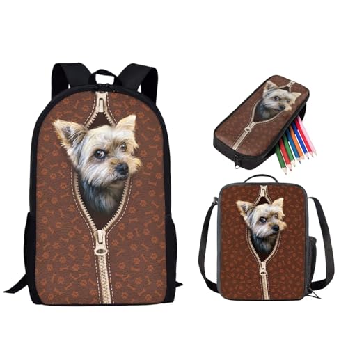 STUOARTE 3-teiliges Schultaschen-Set, 43,2 cm Rucksack, 3-in-1-Set für Kinder und Teenager, mit Lunchtasche, Federmäppchen, Yorkshire Terrier Pfote, Braun, Einheitsgröße, Reiserucksäcke von STUOARTE