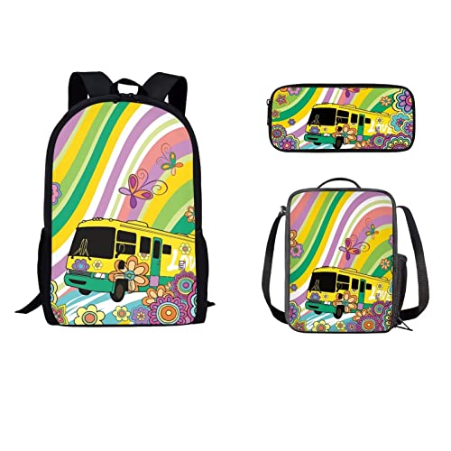 STUOARTE 3 x Blumen-Schulbus-Rucksack für Mädchen und Jungen, leichte Cartoon-niedliche Büchertasche für Grundschulschüler, 43,2 cm Kinderrucksäcke mit Lunchbox und Federmäppchen von STUOARTE