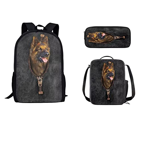 STUOARTE 3D Deutscher Schäferhund Kinder Rucksack für Jungen, leichte Schulbüchertasche Grundschule Kindergarten Schule Prechool Büchertasche und Lunchbox und Federmäppchen 3 in 1 von STUOARTE