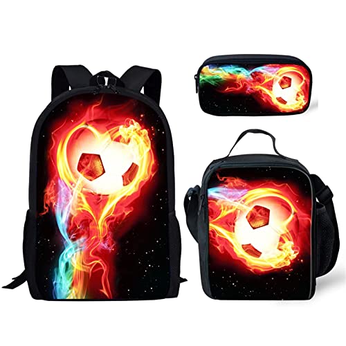 STUOARTE 3D-Feuer-Fußball-Kinderrucksack mit Lunchbox, leichter Rucksack für Kinder, Teenager, Jungen, elementare langlebige Büchertaschen Mittelschule Rucksäcke Set mit Federmäppchen von STUOARTE