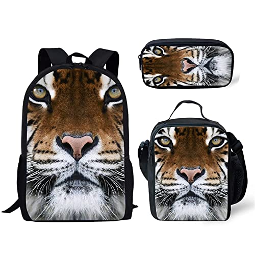 STUOARTE 3D Tiger Print Kinder Schule Büchertaschen Jungen Bequeme Rucksäcke mit Isolierte Lunchtasche Leichte Schüler Büchertasche mit Federmäppchen 3-teiliges Set von STUOARTE